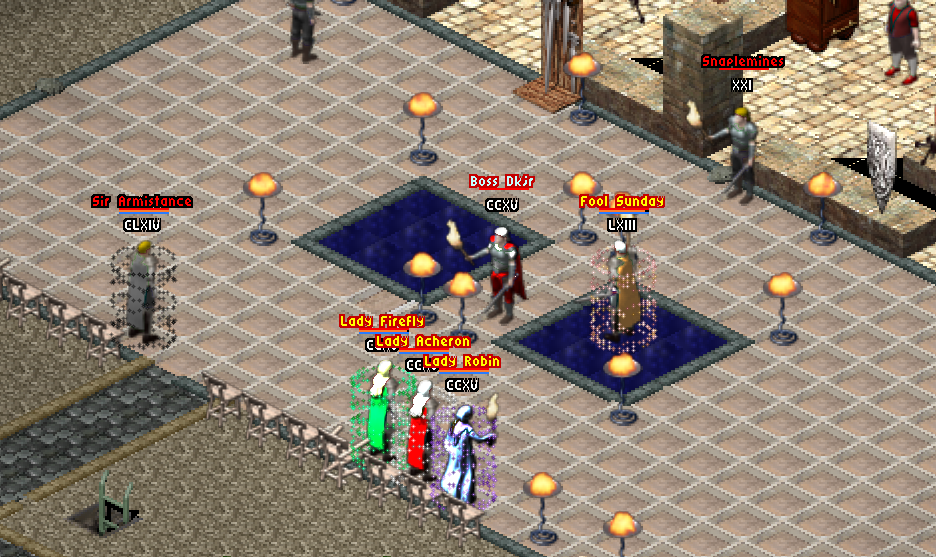 Adventurers gathered in an Astonia town square